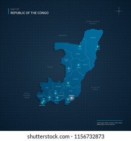 Vector Republic of the Congo map illustration with blue neon lightpoints - triangle on dark blue gradient background. Administrative divisions, cities, borders, capital. Neon tech background with glow
