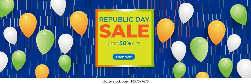 Vector Republic Day Sale banner, upto 50% off, shop now, frame, balloons, offer template for websites.