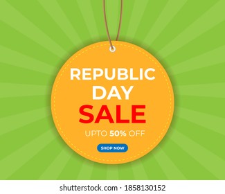 Vector Republic Day Sale banner, upto 50% off, shop now, label tag, ribbon, offer template for websites.