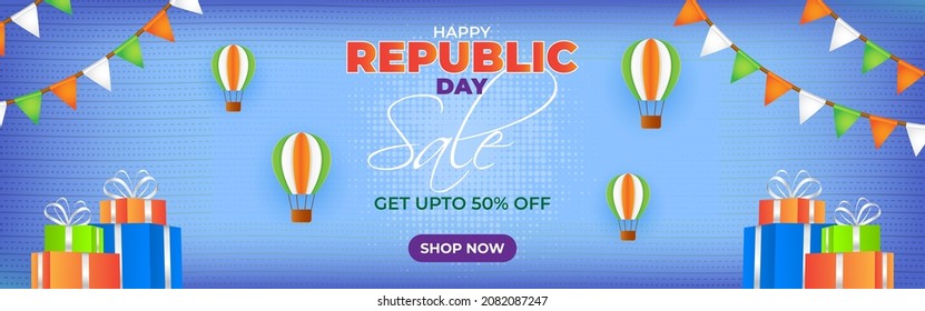 Vector Republic Day Sale banner, 26 January, upto 50% off, balloon , offer template for website and UI.