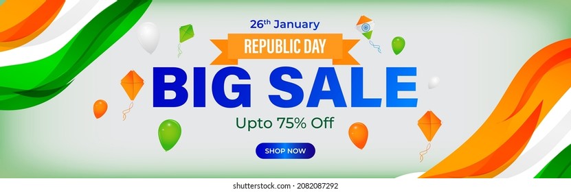 Vector Republic Day Sale banner, 26 January, upto 50% off, balloon , offer template for website and UI.