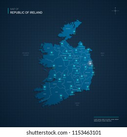 Vector Republic of Ireland map illustration with blue neon lightpoints - triangle on dark blue gradient background. Administrative divisions, cities, borders, capital. Neon tech background with glow. 