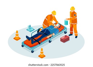 Vector of a rescue team, paramedics giving first aid help to a trauma patient 