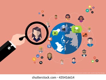 Vector research people for business teams worker with  world map Flat design