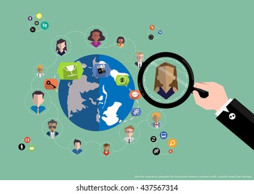Vector research people for business teams worker with world map Flat design