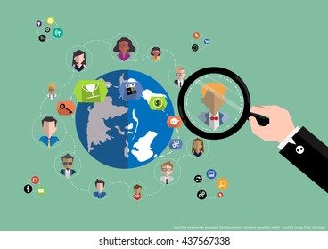 Vector research people for business teams worker with world map Flat design