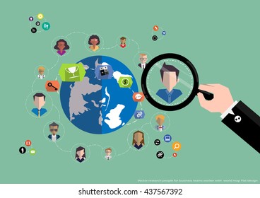 Vector research people for business teams worker with world map Flat design