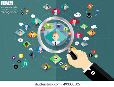 Vector research people concept of human resources management, professional staff research, head hunter job with magnifying glass. Human resources illustration in flat style