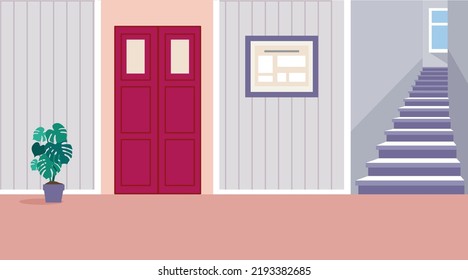 Vector residential Corridor with doors. Interior of the 1st floor Hallway. 
Vector illustration of cartoon room or hallway for background, print, web.
