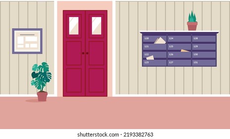 Vector residential Corridor with doors. Interior of the 1st floor Hallway. 
Vector illustration of cartoon room or hallway for background, print, web.
