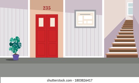 Vector residential corridor with window, door and stairs. Interior of the 1st floor. Vector illustration of the interior of a room corridor or hallway for background, print, web.