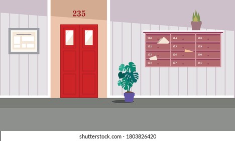 Vector residential corridor with window, door and stairs. Interior of the 1st floor. Vector illustration of the interior of a room corridor or hallway for background, print, web.