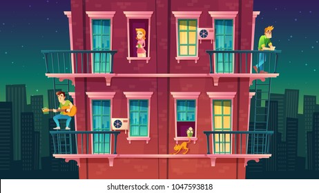 Vector residential multi-storey apartment, neighborhood, house outside with people concept, private building with fire escapes. Leisure time in dormitory. Architecture in cartoon style.