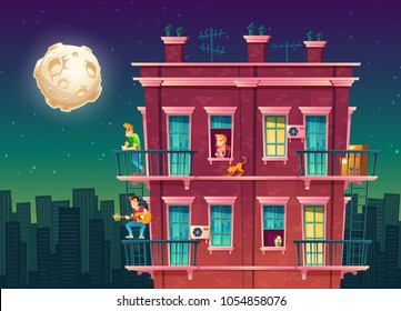 Vector residential multi-storey apartment at night, neighborhood, house outside with people concept, private building at midnight, full moon over the dormitory, hostel. Architecture in cartoon style.