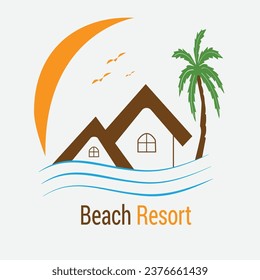Vector resort logo with  beach coast nice huts, palms, ocean. 