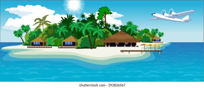Vector resort on island in tropics. 