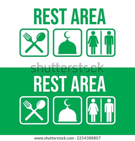 vector rest area green and white color with icons of restaurant signs, mosques and toilets