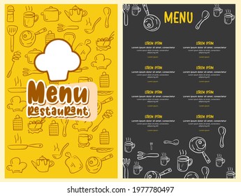 Vector restaurant brochure, doodle style menu restaurant design. doodle menu cafe template graphic. Food flyer vector design.