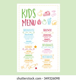 Vector restaurant brochure, kids menu design. Vector cafe template with hand-drawn graphic. Food flyer.