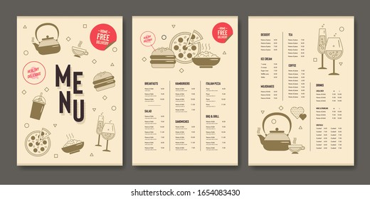 Vector restaurant brochure, menu design. Vector cafe template. Food flyer