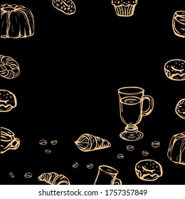 Vector restaurant brochure, menu design for cafe and restaurant. Pattern with hand-drawn graphics. Food flyer and place for text.