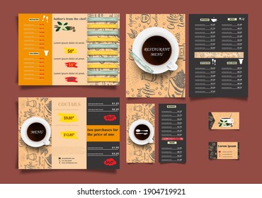 Vector restaurant brochure, menu design from booklets. Vector cafe template with hand drawn graphics. Food flyer with lucky card.
