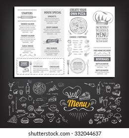 Vector restaurant brochure, menu design. Vector cafe template with hand-drawn graphic. Food flyer.