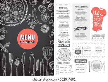 Vector restaurant brochure, menu design. Vector cafe template with hand-drawn graphic. Food flyer.