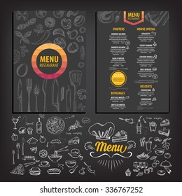 Vector restaurant brochure, menu design. Vector cafe template with hand-drawn graphic. Food flyer.