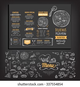 Vector restaurant brochure, menu design. Vector cafe template with hand-drawn graphic. Food flyer.