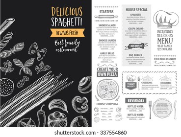 Vector restaurant brochure, menu design. Vector cafe template with hand-drawn graphic. Food flyer.