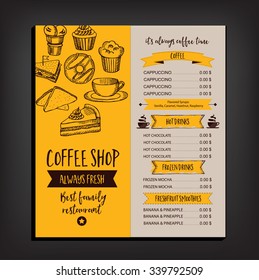 Folleto del restaurante vectorial, diseño del menú. Plantilla vectorial de café con gráfico dibujado a mano. Volante de comida.