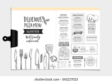 Vector restaurant brochure, menu design. Vector cafe template with hand-drawn graphic. Food flyer.