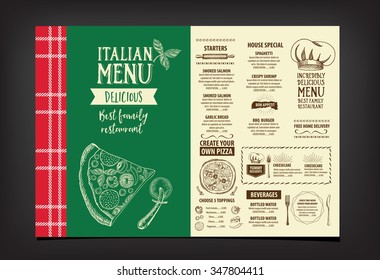 Vector restaurant brochure, menu design. Vector cafe template with hand-drawn graphic. Food flyer.
