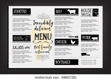 Vector restaurant brochure, menu design. Vector cafe template with hand-drawn graphic. Food flyer.