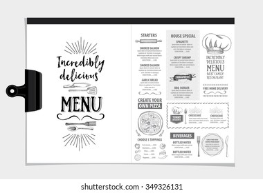 Folleto del restaurante vectorial, diseño del menú. Plantilla de vectores con gráfico dibujado a mano. Volante de comida.