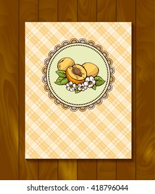 Vector restaurant brochure, menu design. Vector cafe template with hand-drawn graphic. Food leaflet. Apricot with flowers and leaves on the checkered  background.  Wood backdrop. 