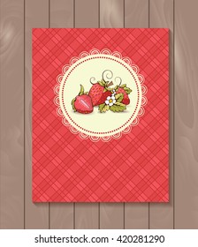 Vector restaurant brochure, menu design. Vector cafe template with hand-drawn graphic. Food menu Strawberry with branch and flowers on the checkered  background.  Wood backdrop. 