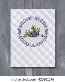 Vector restaurant brochure, menu design. Vector cafe template with hand-drawn graphic. Food menu. Bilberry with branch and leaves on the checkered  background.  Wood backdrop. 