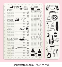 Vector restaurant brochure, menu design. Vector cafe template with hand-drawn graphic. Doodle. black and white