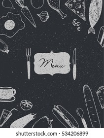 Vector restaurant brochure, menu design. Cafe template with hand-drawn graphic. Food flyer. Coffee, egg, fish, bread, sandwich, pizza, lemon, carrot, garlic, cocktail, etc Blackboard style.