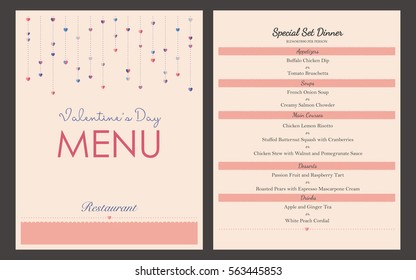Vector restaurant brochure menu design template. Perfect for Valentine's day. CMYK color model. US Letter size with bleed.