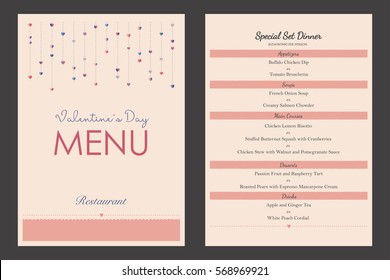 Vector restaurant brochure menu design template. Perfect for Valentine's day. CMYK color model. Standard A4 size with bleed.