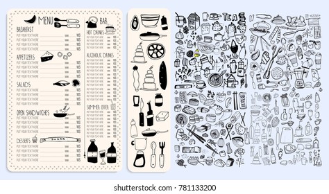 Vector restaurant brochure, menu design. Vector cafe template with hand-drawn graphic. Doodle.menu design