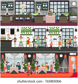 Vector restaurant and cafe interior set with visitors having dinner while sitting at tables, waiters and waitresses taking order, serving meals, bakers making cakes. Flat style design illustration.