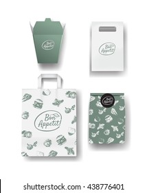 Vector restaurant cafe set: package and paper bags. Layout set of corporate identity. Mock up template.