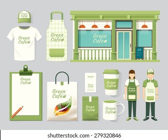 Vector restaurant cafe set shop front design, flyer, menu, package, t-shirt, cap, uniform and display design/ layout set of corporate identity mock up template.