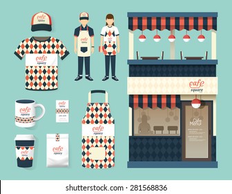 Vector restaurant cafe set shop front design, flyer, menu, package, t-shirt, cap, uniform and display design/ layout set of corporate identity mock up template.