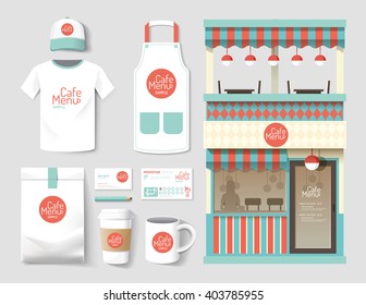 Vector restaurant cafe set, shop front design, flyer, package, t-shirt, cap, uniform and display design/ layout set of corporate identity mock up template.