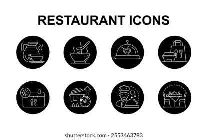 Vector restaurant icon pack. Includes symbols for hot beverages, soups, spicy food, takeaway meals, seasonal menus, chef specialties, and romantic dining.